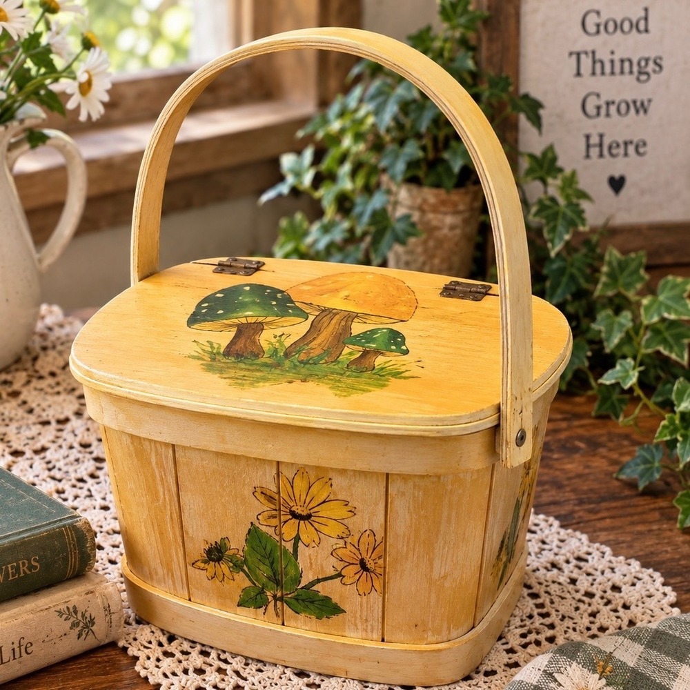 Vintage 1970s Mushroom Wooden Basket Purse Hand Painted Daisies Cottagecore